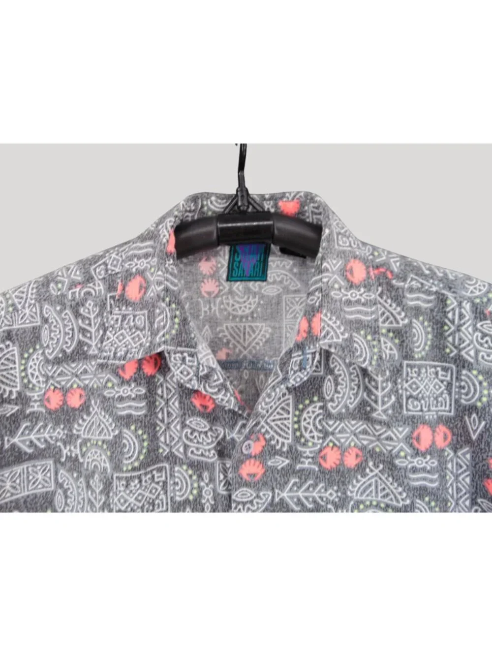 Vintage 80s Mens Shah Safari Gray Pink Hieroglyphs Button Shirt Size XL Abstract - Picture 6 of 11
